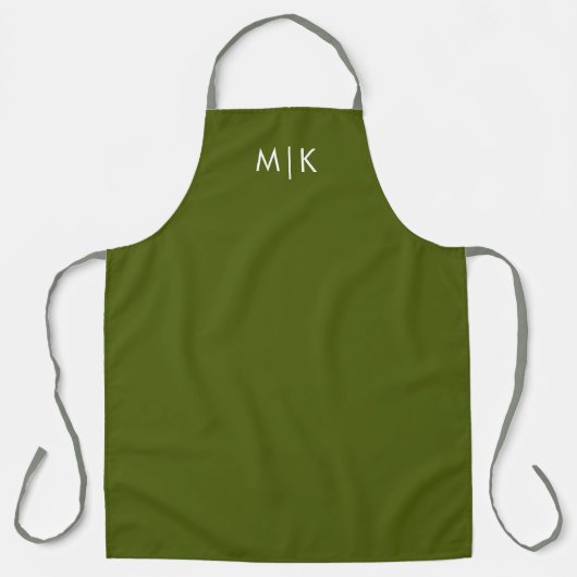 Tablier Vert olive avec texte blanc | Monogramme moderne (Recto)