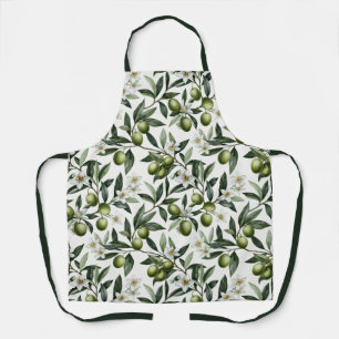 Tablier Vert sauge aquarelle motif olivier campagne frança