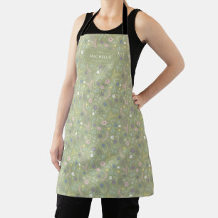 Tablier Vert sauge Fleurs roses et blanches Motif floral b