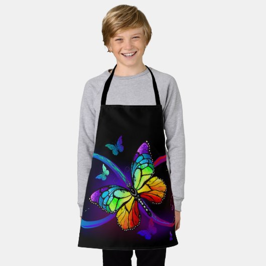 Tablier Vibrant infinity with rainbow butterfly on black (Porté)