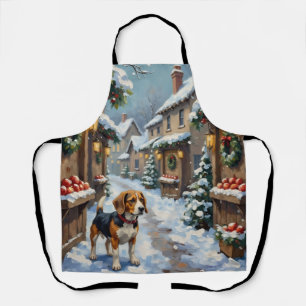 Tablier Vieux Beagle sur un marché de Noël enneigé