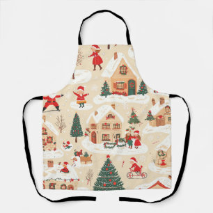 Tablier Village de Noël Rouge Vert Motif Beige enneigé