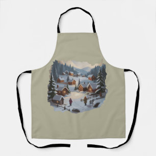 Tablier Village d'hiver de Noël rétro Montagnes Arbres 90