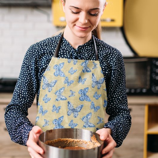 Tablier Vintage Chinoiserie Papillons bleus Damas dénaturé