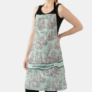 Tablier Vintage menthe noire toile de jouy imprimée