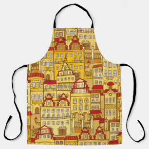 Tablier vintage motif sans couture avec maisons colorées.
