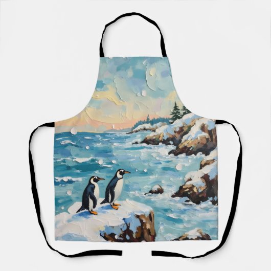 Tablier Vintage Penguins on Snowy Coastal Christmas Cliff (Recto)