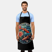Tablier Vitrail asiatique style Koi Poisson et Camellias (Porté)