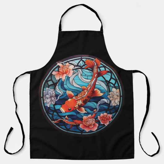 Tablier Vitrail asiatique style Koi Poisson et Camellias (Recto)