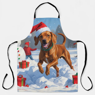 Tablier Vizsla courant dans la neige avec un chapeau de No
