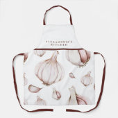 Tablier Votre nom + cuisine | Motif d'ail blanc (Recto)