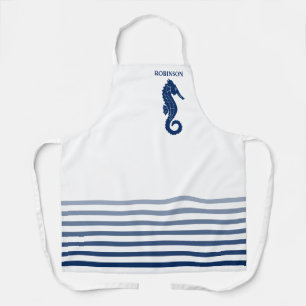 Tablier Votre nom ou votre texte Seahorse Navy Bleu Blancs