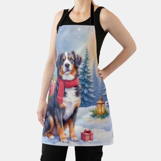 Tablier Watercolor Bernese Mountain Dog Sleigh Christmas (Insitu)