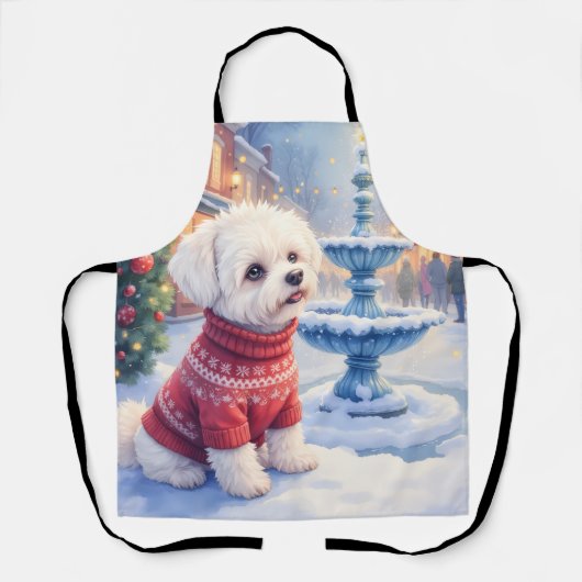 Tablier Watercolor Bichon Frise Festive Fountain Christmas (Recto)