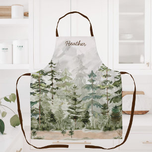 Tablier Watercolor Green Pine Forest sur la montagne