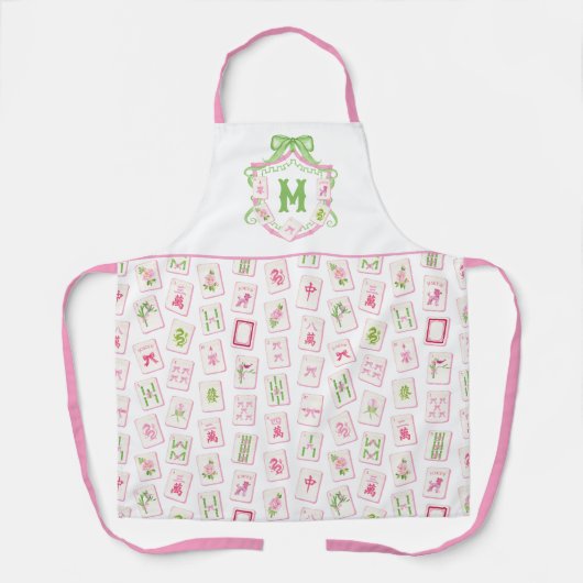 Tablier Watercolor Pink & Green Bow Mahjong Monogram Crest (Recto)
