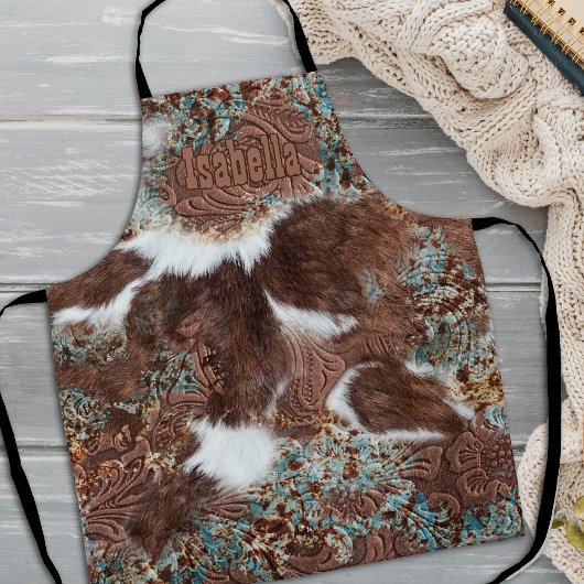 Tablier Western Cowhide Turquoise Nom en cuir Brown
