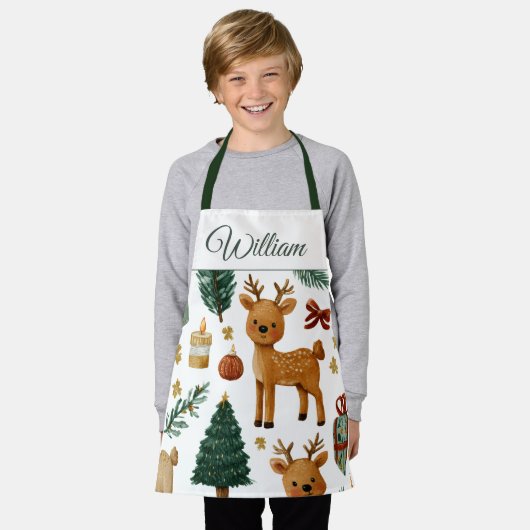 Tablier Whimsical Christmas Deer | Custom Name Kids Apron (Porté)