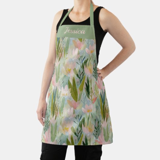 Tablier Whimsical Sage Green Floral Personalized Apron (Insitu)