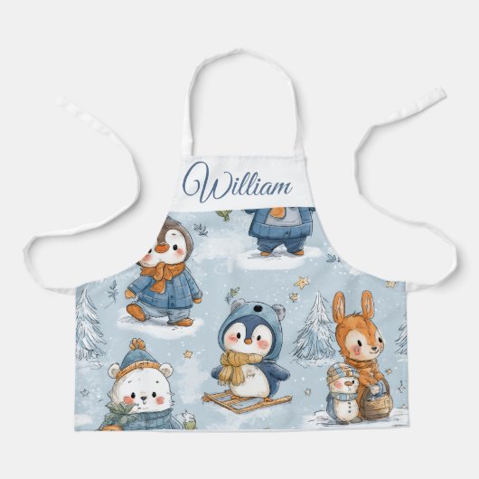 Tablier Whimsical Skating Penguins Kids Apron | Custom Nam (Recto)