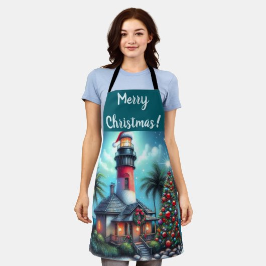 Tablier Whimsical Tropical Christmas Lighthouse Turquoise (Porté)