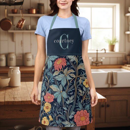 Tablier William Morris Bleu Sarcelle Floral Monogramme