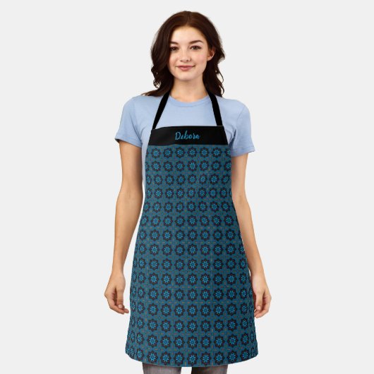 Tablier Women's Custom Name Blue Geometric Pattern Apron (Porté)
