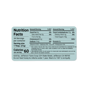 Tabular Honey Nutrition Facts Turquoise Product Etiket