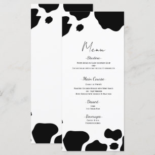 Taches de vache imprimées noir blanc menu de maria