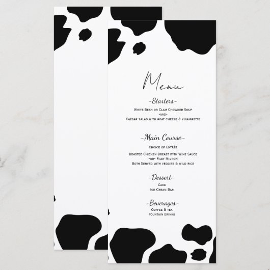 Taches de Vache Moo Impression Menu Mariage Noir B (Devant / Derrière)