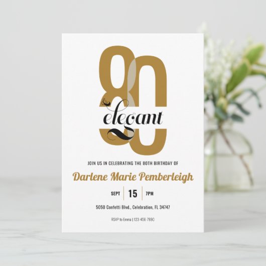 Tachtig & Elegant Goud Zwart Bloemen 80ste Verjaar Kaart (Staand voorkant)