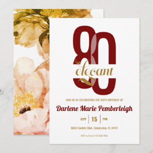 Tachtig & Elegant Rood Goud Bloemen 80ste Verjaard Kaart