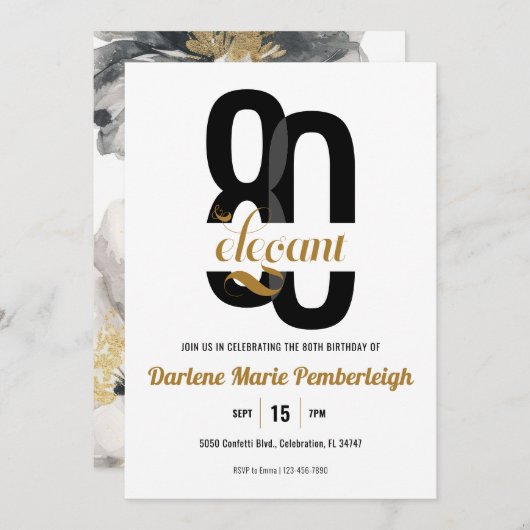 Tachtig & Elegant Zwart Goud Bloemen 80ste Verjaar Kaart (Voorkant / Achterkant)