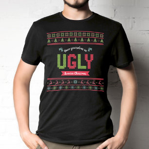Tacky Kerstmis Nordic Knit Pattern Green Red Ugly T-shirt