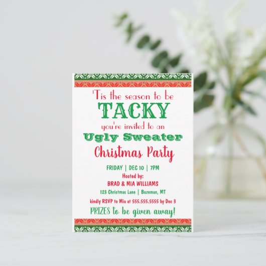 Tacky Ugly Sweater Kerstparty Uitnodiging (Staand voorkant)