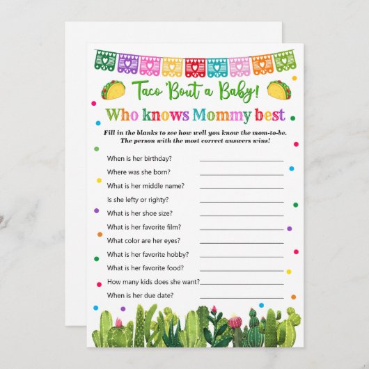 Taco Baby shower Wie kent mama beste spel Advieskaart (Voorkant / Achterkant)
