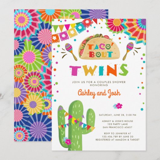 Taco Bout Twins Fiesta Baby shower Uitnodiging (Voorkant / Achterkant)