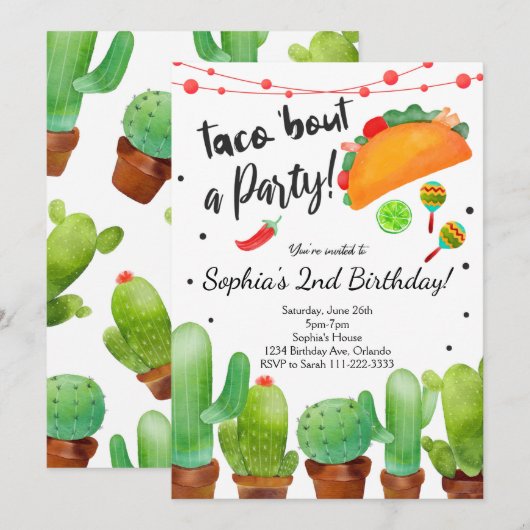 Taco Fiesta Bout Party Aquarelle Cactus Invitation (Devant / Derrière)