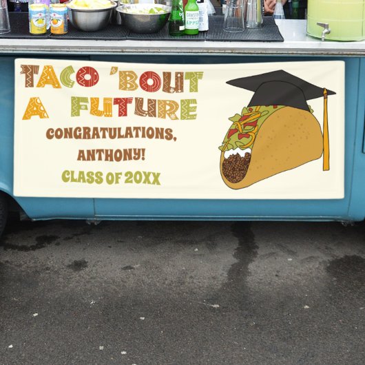 Taco over een toekomstig grappig afstudeerfeest spandoek