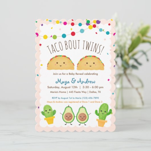 Taco over Twins! Fiesta-thema Twin Baby onthaal Kaart (Staand voorkant)