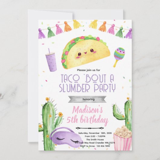 Taco-slaapfeest verjaardagsuitnodiging kaart (Voorkant)