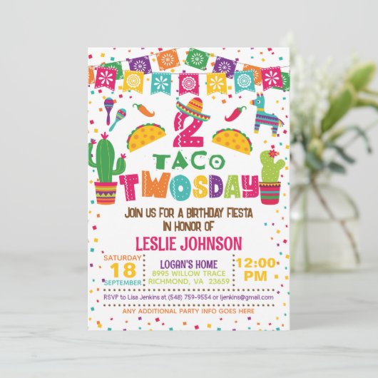 Taco TWOsday 2e Verjaardag Uitnodiging - Wit (Staand voorkant)