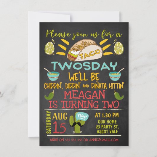 Taco Twosday Chalkboard 2e verjaardag Uitnodiging (Voorkant)