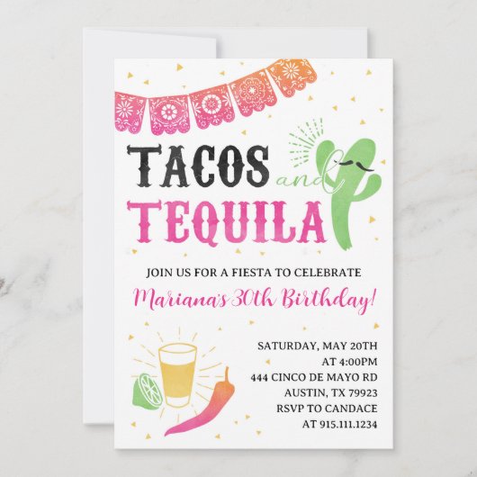 Tacos en Tequila verjaardagsfeestuitnodiging Kaart (Voorkant)