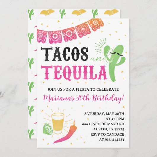 Tacos en Tequila verjaardagsfeestuitnodiging Kaart (Voorkant / Achterkant)