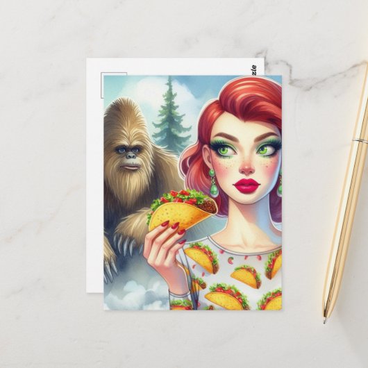 Taco's in het bos met Sasquatch Briefkaart (Voorkant / Achterkant in situ)