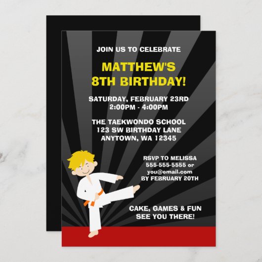 Taekwondo Karate Orange Belt Invitations d'anniver (Devant / Derrière)