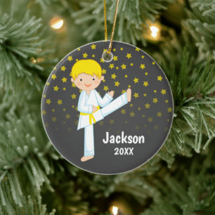 Taekwondo Yellow Belt Blonde Boy Aangepast Keramisch Ornament