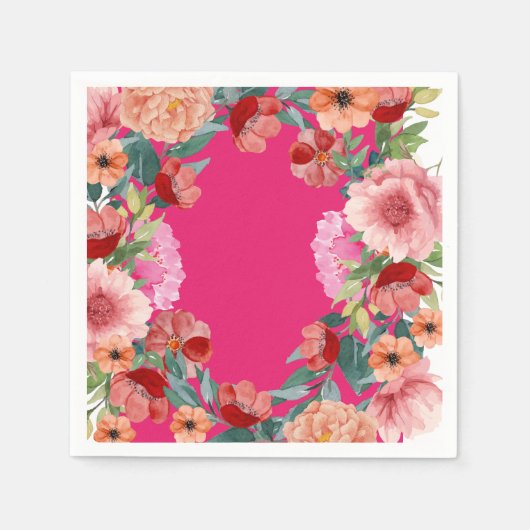 Tafel met waterverf bloemmotief in heldere roze vo servet (Voorkant)