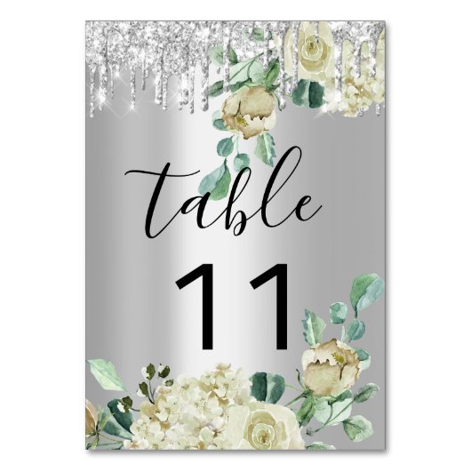 Tafel Nummer Drips Zilveren Munt Glitter Bruiloft Kaart (Voorkant)